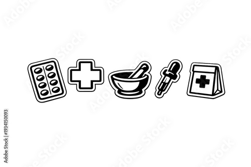 A set of five white medical and pharmaceutical icons featuring a blister pack, a cross, a mortar and pestle, a dropper, and a medicine bag, all displayed on a solid black background.