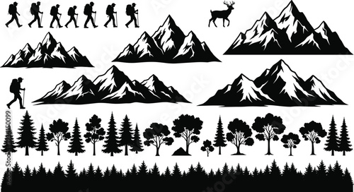 Mountain Hiking Silhouette Vector Set featuring Backpacking Hikers Snowy Peaks Pine Forest Trees and Wild Deer for Outdoor Adventure Design