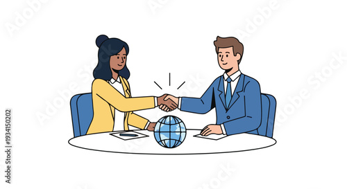 Flat 2D illustration of a businesswoman and businessman shaking hands over a globe on a table with headlines in a global news setting.