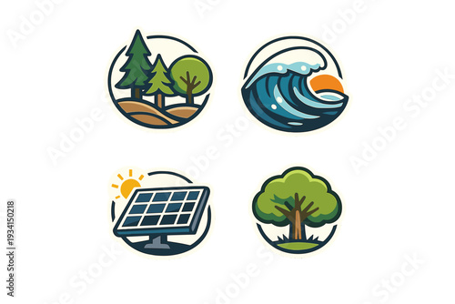 A set of four circular nature and renewable energy icons featuring a forest, an ocean wave with a sun, a solar panel under sunlight, and a single green tree in a flat vector style.
