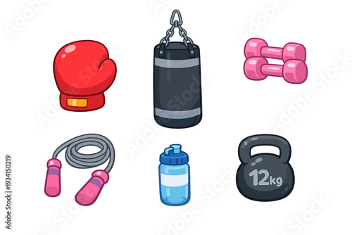 A collection of cartoon fitness and boxing equipment icons including a red glove, punching bag, pink dumbbells, jump rope, blue water bottle, and a black kettlebell on a black background.