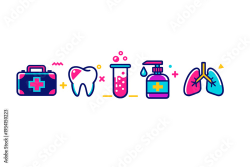 A row of colorful medical icons including a first aid kit, a tooth, a test tube, a soap dispenser, and human lungs, all set against a solid black background in a flat design style.