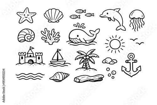 A collection of black and white hand-drawn icons featuring ocean life and beach elements like a whale, dolphin, starfish, shells, palm trees, sandcastle, and anchor on a black background.
