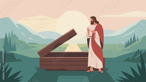 Jesus christ standing beside an open brown coffin in a serene landscape with mountains and sunrise