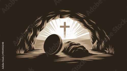 Easter morning tomb with rolled away stone and cross symbolizing resurrection hope