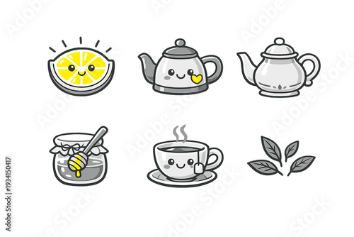 A collection of six cute tea-themed icons featuring a smiling lemon slice, two teapots, a honey jar with a dipper, a happy teacup with steam, and tea leaves on a black background.