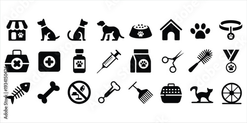 Collection of pet care and animal icons in black silhouette on white Keywords: pet, animal, dog, cat, care, veterinary, medical