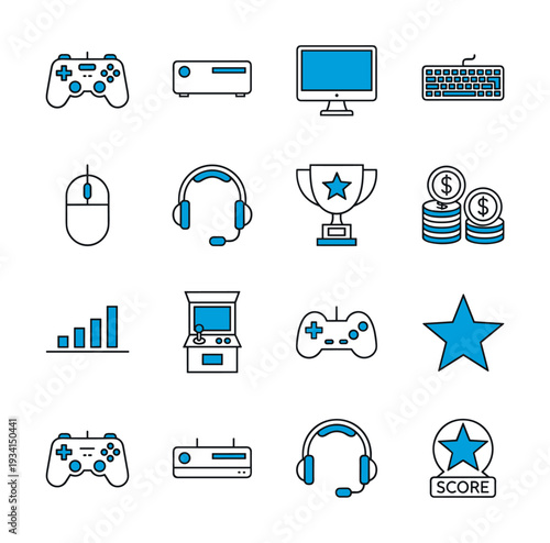 Collection of gaming icons including controllers, consoles, and accessories on a white background