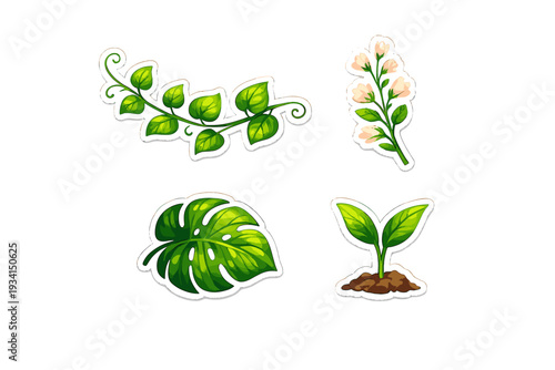 A collection of four botanical stickers featuring a green vine, a flowering sprig, a large monstera leaf, and a small sprout growing from soil, all set against a black background.