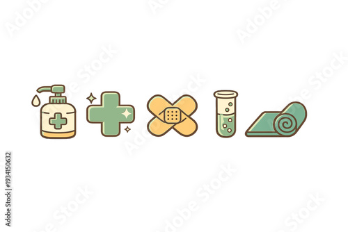 A set of five medical icons including a soap dispenser, a green cross, crossed bandages, a test tube, and a rolled bandage, all presented in a flat illustrative style on a black background.