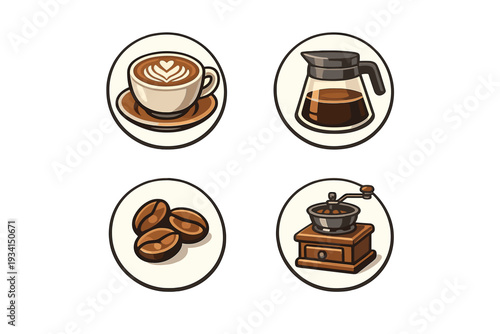 This illustration shows a set of four circular icons featuring coffee-related items including a latte cup with foam art, a glass carafe, roasted coffee beans, and a vintage manual grinder.