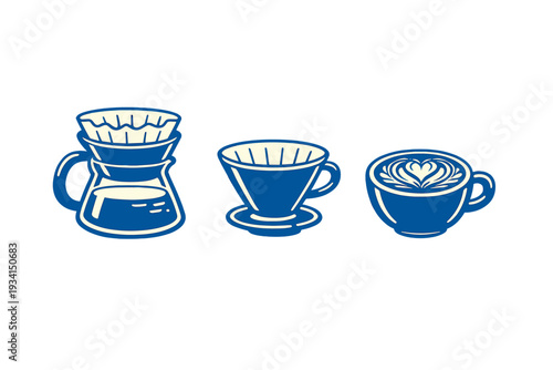 A set of three blue and white minimalist illustrations featuring a pour-over coffee maker, a dripper, and a cup of latte with heart art, all isolated on a solid black background.