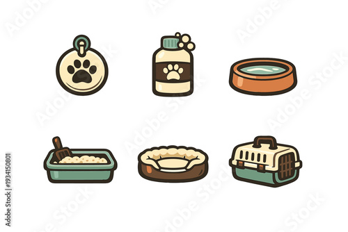 A collection of six pet care icons including an ID tag, shampoo bottle, water bowl, litter box with scoop, pet bed, and a carrier, all set against a solid black background.