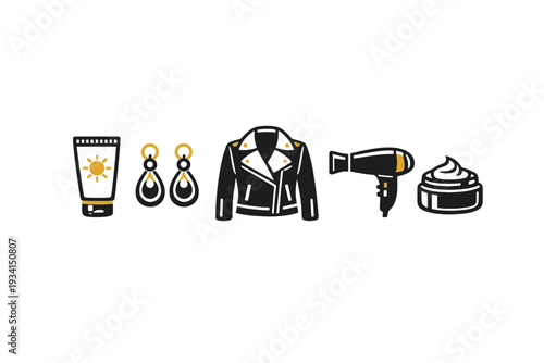 A collection of five minimalist icons representing beauty and fashion items, including sunscreen, earrings, a jacket, a hair dryer, and a jar of cream, set against a black background.