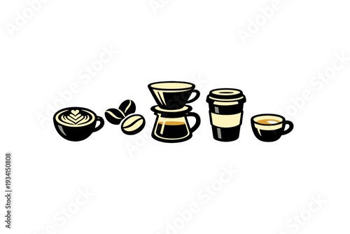 A minimalist illustration featuring various coffee elements including a latte with art, coffee beans, a pour-over dripper, a takeaway cup, and an espresso cup on a black background.