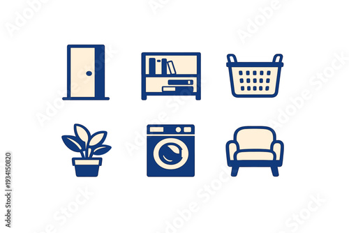A collection of six minimalist household icons including a door, bookshelf, laundry basket, potted plant, washing machine, and armchair, presented in a dark blue and cream color scheme.