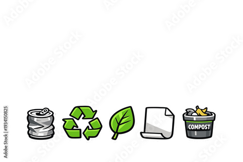 Five illustrated icons representing recycling and sustainability, featuring a crushed metal can, green arrows, a leaf, paper, and a compost bucket on a black background.
