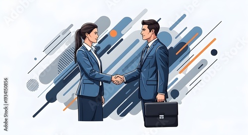 Business Partnership Handshake – Man and Woman with Briefcases, Corporate Deal Agreement Vector Illustration