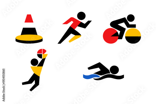 Minimalist vector art depicting abstract human figures engaged in sports activities. The composition uses bold primary colors and geometric shapes against a dark black backdrop.