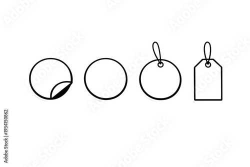 A set of four white blank price tags and stickers isolated on a black background. The collection includes round labels and a rectangular tag with string loops for retail use.