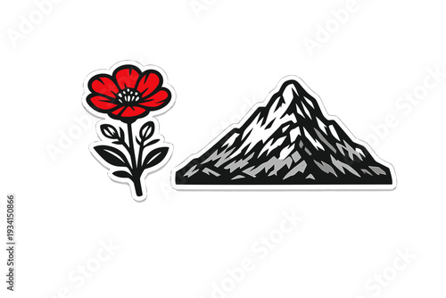 A graphic illustration featuring a red flower with black leaves and a stylized mountain peak with white and gray highlights, both presented as stickers on a black background.