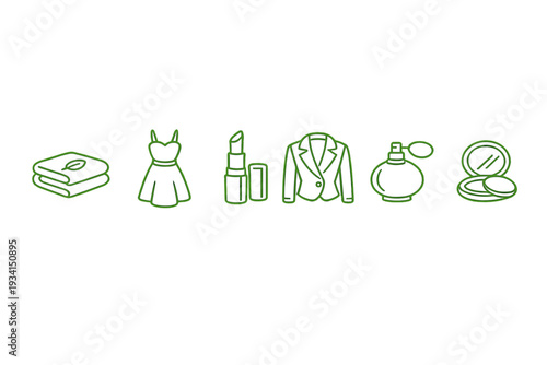 A collection of green line art icons representing fashion and beauty items including towels, a dress, lipstick, jacket, perfume, and makeup compact set against a solid black background.