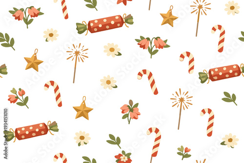 A seamless pattern featuring festive holiday elements like candy canes, wrapped sweets, golden stars, and delicate flowers scattered across a solid black background.