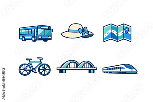 A collection of six travel and transportation icons featuring a blue bus, a sun hat, a folded map, a bicycle, a modern bridge, and a high-speed train on a black background.