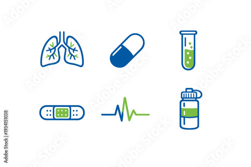 A collection of six medical and health icons including lungs, a pill, a test tube, a bandage, a heartbeat line, and a water bottle, designed in blue and green colors on a white background.