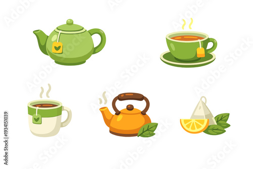A collection of five tea-themed illustrations including a green teapot, steaming cups of tea, an orange kettle, and a tea bag with a lemon slice, all set against a black background.