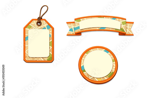 A set of three game UI elements including a tag, a curved banner, and a circular button. Each piece features an orange border and a map pattern background with a blank white center.