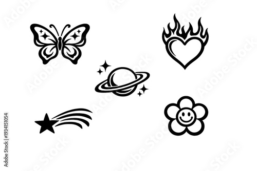 A collection of five minimalist line art icons featuring a butterfly, a flaming heart, a ringed planet, a shooting star, and a smiley face flower on a black background.