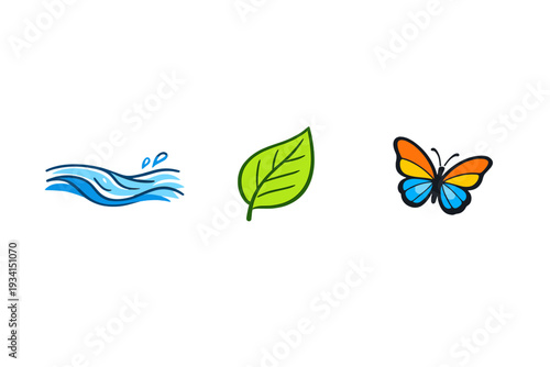 A collection of three nature-themed vector icons including blue ocean waves, a single green leaf, and a vibrant butterfly with orange and blue wings on a black background.