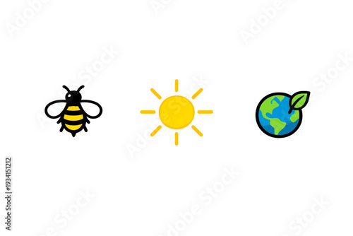 Three minimalist icons representing nature and the environment are displayed on a solid black background, featuring a yellow bee, a bright sun, and a globe with a small green leaf.