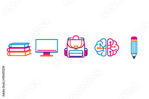 A set of five vibrant neon-style icons representing education and technology, including books, a computer monitor, a backpack, a digital brain, and a pencil on a black background.