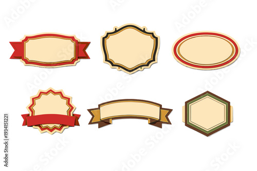 A collection of six vintage blank labels and banners in various shapes like oval, hexagon, and shield. The designs feature cream centers with red, gold, and green borders on a black background.