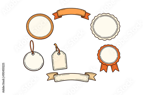 A collection of hand-drawn vintage labels, tags, and ribbons in orange and cream colors. The set includes circular badges, hanging price tags, and curved banners on a solid black background.