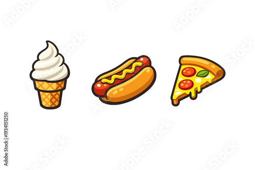 A collection of three cartoon food icons featuring a soft serve ice cream cone, a hot dog with mustard, and a slice of pepperoni pizza set against a solid black background.