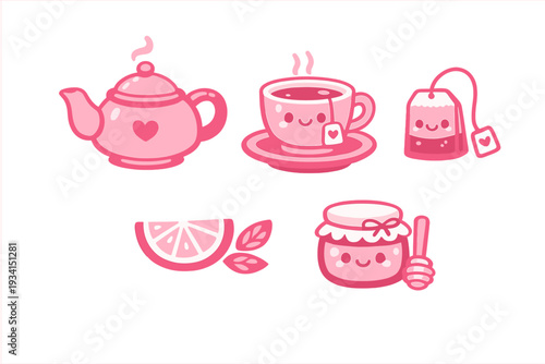 This set of pink kawaii tea illustrations features a smiling teapot, teacup, tea bag, lemon slice, and honey jar. The cute cartoon elements are isolated on a black background.
