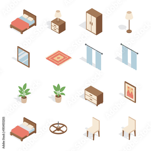 Isometric bedroom furniture and decor elements collection for interior design