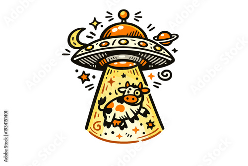 A cartoon illustration of a flying saucer abducting a cow with a yellow tractor beam. The scene includes a crescent moon, stars, and a planet against a solid black background.