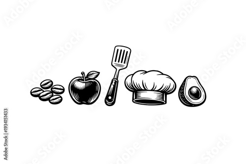 A black and white illustration featuring coffee beans, an apple, a spatula, a chef hat, and a halved avocado arranged in a row against a solid black background.
