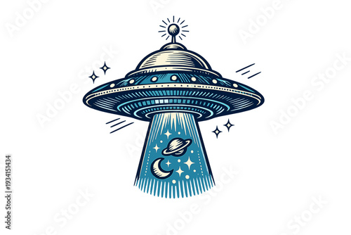 A vintage-style graphic illustration of a flying saucer emitting a beam of light containing a planet, moon, and stars, set against a dark background with celestial elements.