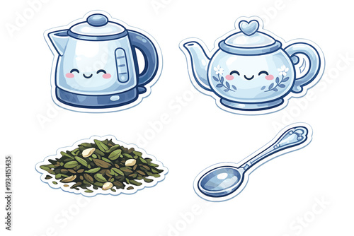 A collection of four cute stickers featuring a smiling electric kettle, a floral teapot with a heart lid, a pile of loose tea leaves, and a decorative silver spoon on a black background.