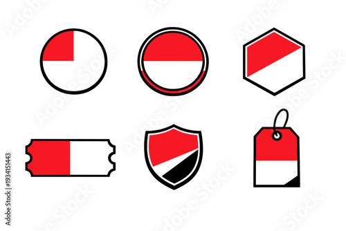 Free Download A collection of six minimalist icons in red and black, featuring various geometric shapes like a circle, hexagon, ticket, shield, and tag on a plain white background. - GFXLoad