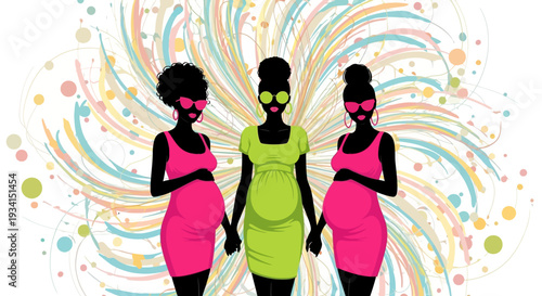 Vibrant Illustration of Three Pregnant Black Women Celebrating Motherhood & Friendship with Colorful Abstract Swirl