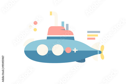 This minimalist flat design illustration features a blue submarine with a pink upper section, white portholes, and a yellow propeller, set against a solid black background.