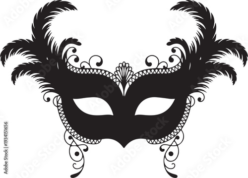 Black venetian masquerade mask with feathers and decorative edges