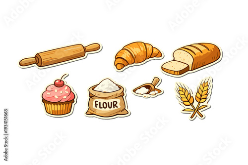 A collection of bakery-themed illustrations including a rolling pin, croissant, bread loaf, cupcake, bag of flour, and wheat stalks, presented as stickers on a black background.