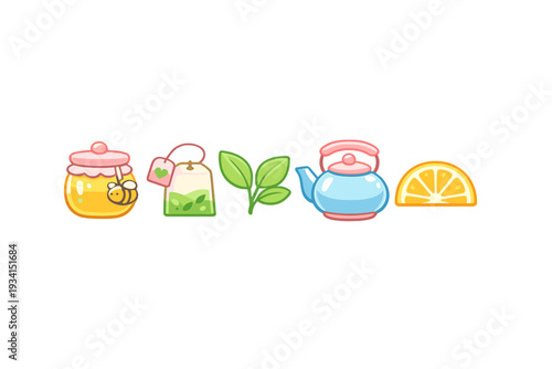 A row of cute cartoon icons featuring a honey jar with a bee, a tea bag, green leaves, a blue teapot, and a lemon slice, all set against a solid black background.